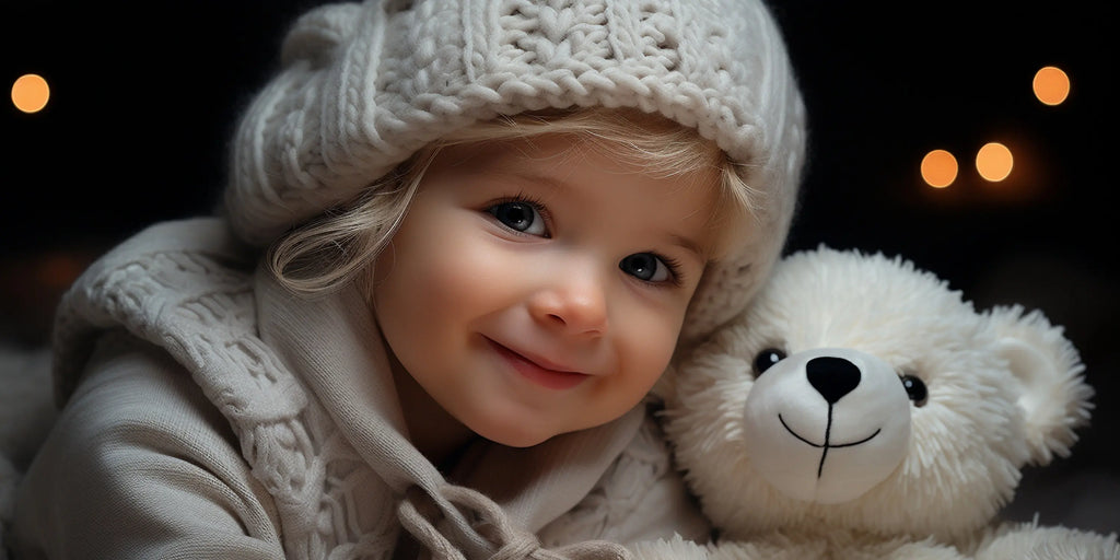 Enfant avec bonnet et écharpe souriante avec un nounours tout de blanc vêtue