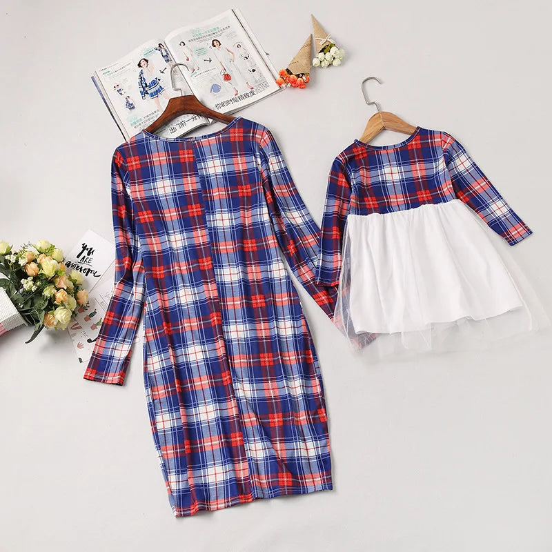 Robe automne bleue pour mère et fille