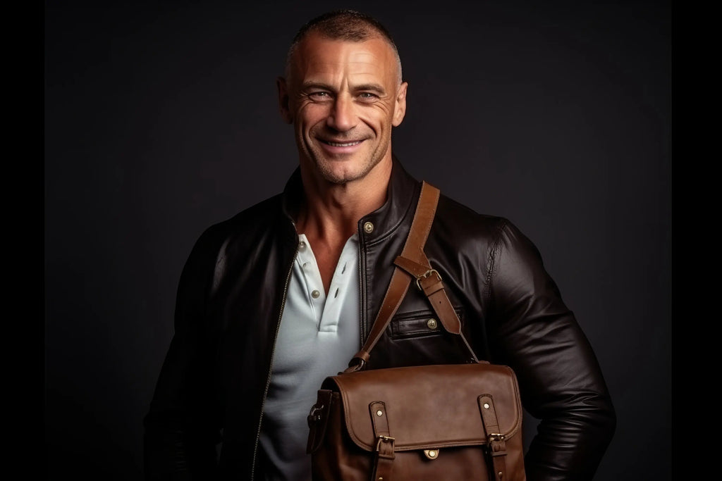 Homme élégant en veste de cuir avec sac à main sur fond noir