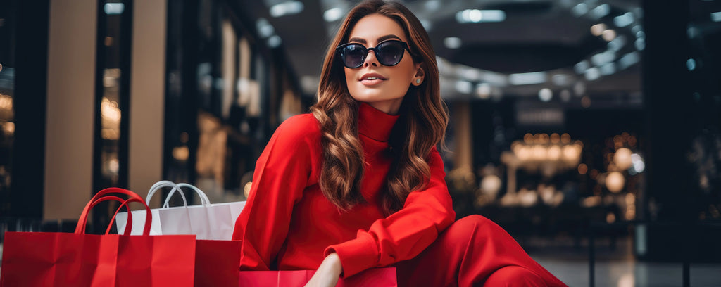 Femme vêtue tout en rouge dans un centre commercial