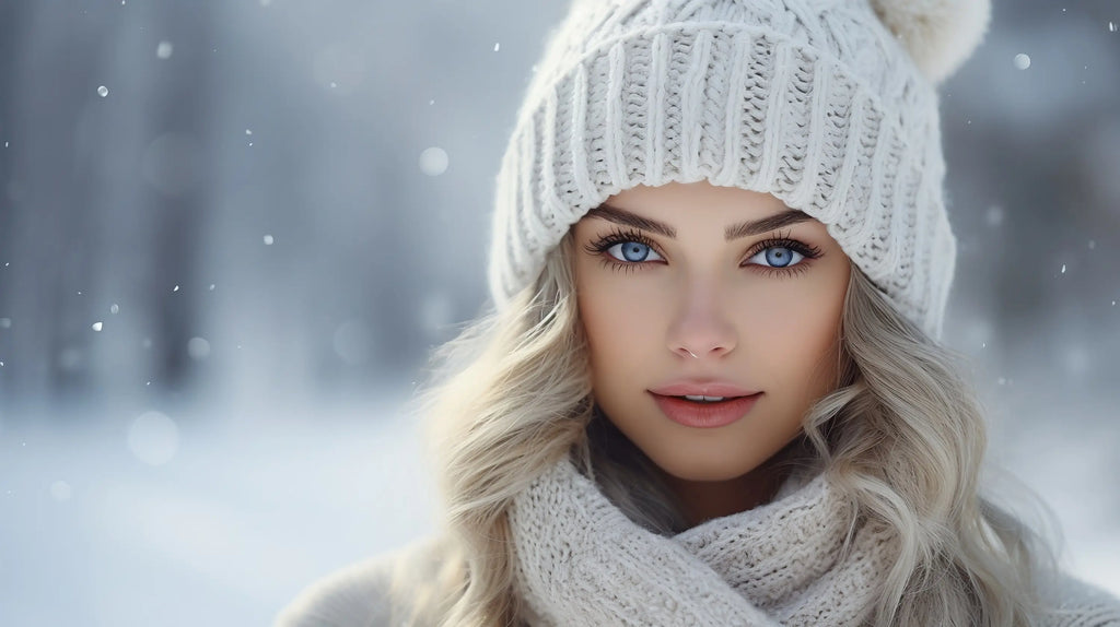 Jeune femme blonde en pull, bonnet blanc tricoté avec des pompons et écharpe.