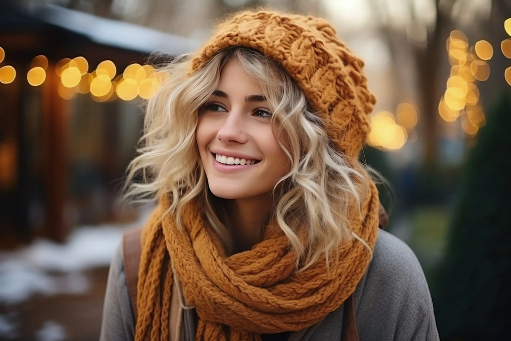 Une jeune femme blonde heureuse, portant une écharpe tricotée et un bonnet, marche dans la rue.