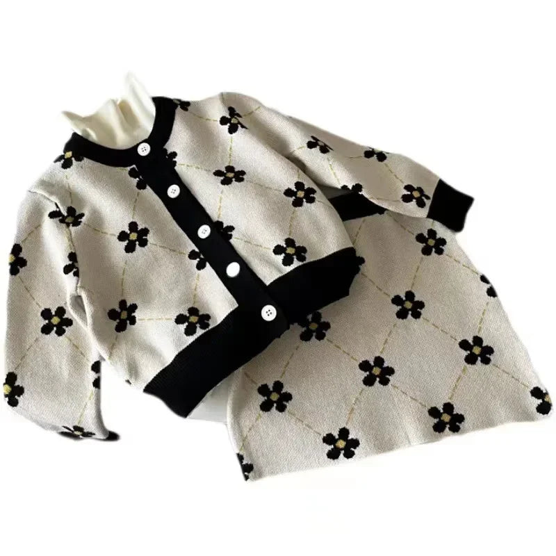 Zoom Ensemble Pull imprimé fleuri Cardigan + jupe pour enfants