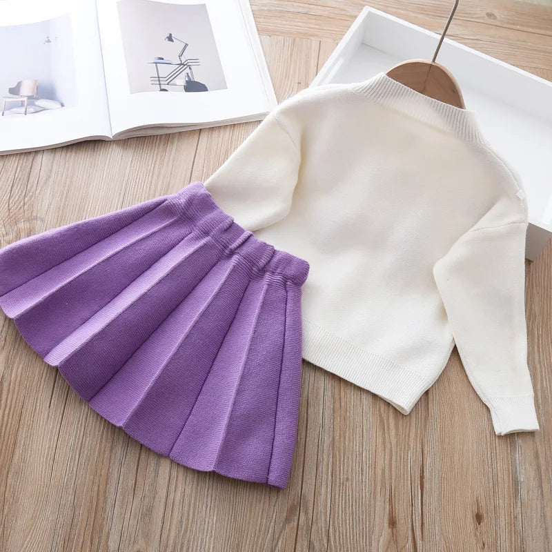 Dos Ensemble cardigan tricot haut + jupe violet