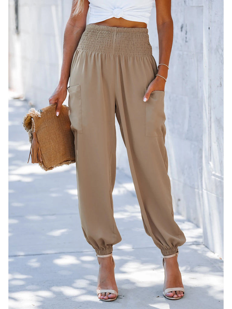 Pantalon cargo taille haute avec poches beige