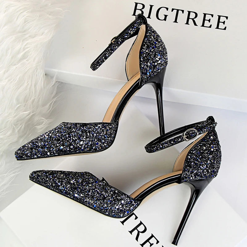 Sandales été pailletées noires talons hauts