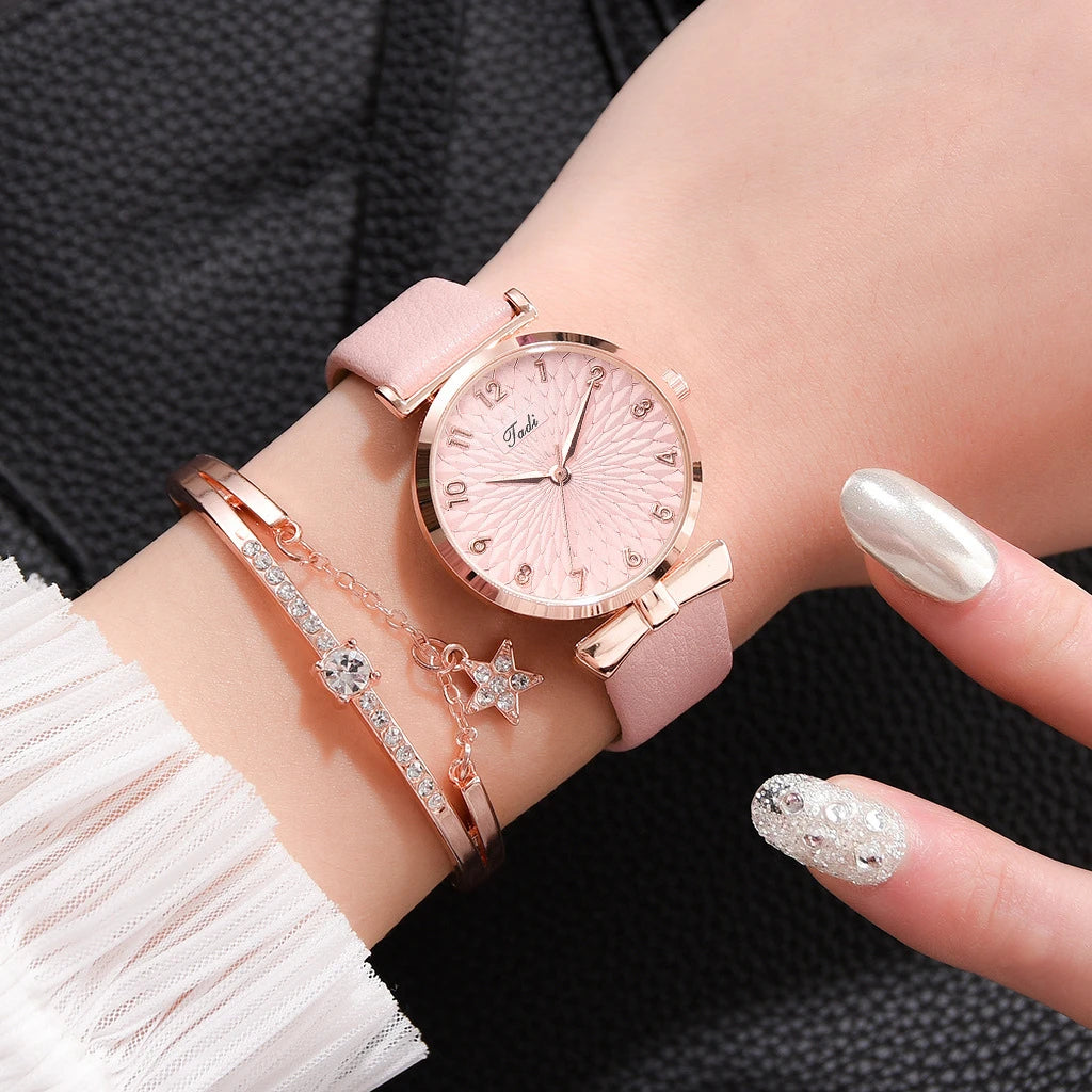 Montre à quartz décontractée en cuir rose pour femmes