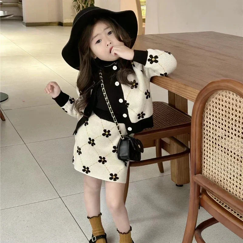 Fille portant l'Ensemble Pull imprimé fleuri Cardigan + jupe pour enfants