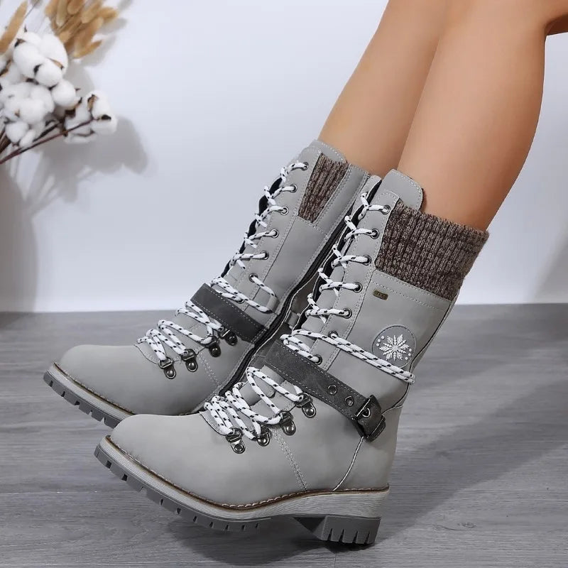 Bottes à lacets mi-mollet grises pour femmes