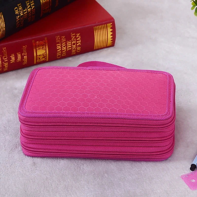 Trousse rose posée sur une table