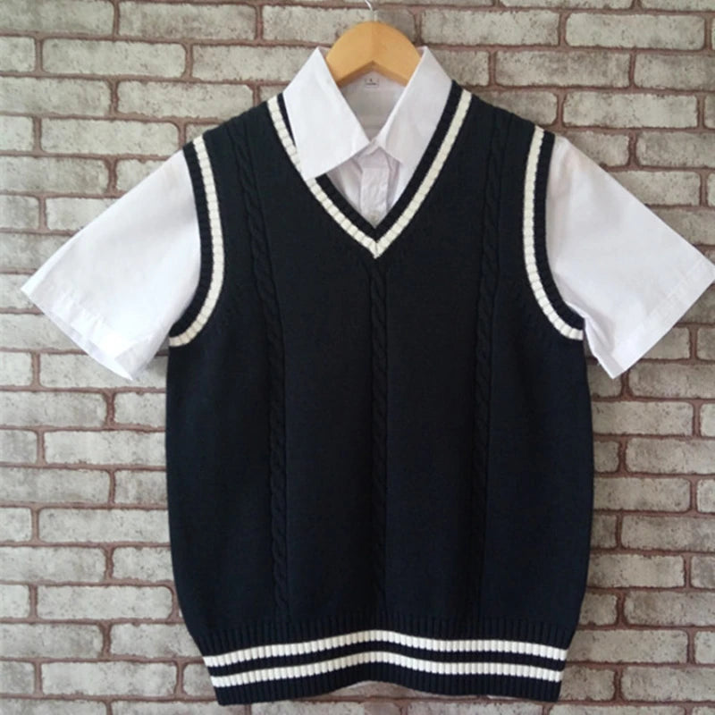 Pull pour enfants bleu marine porté sur une chemise blanche à manches courtes