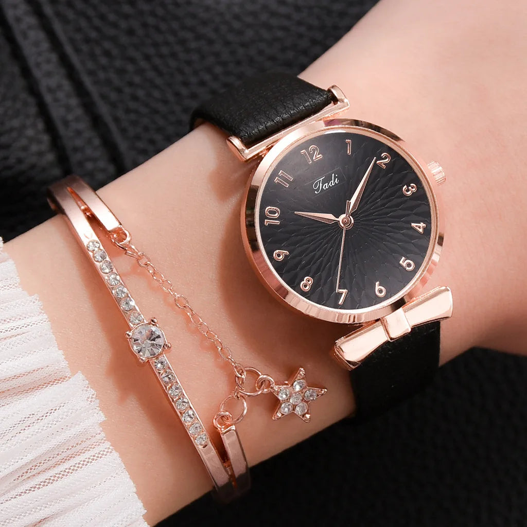 Montre à quartz décontractée en cuir noir pour femmes