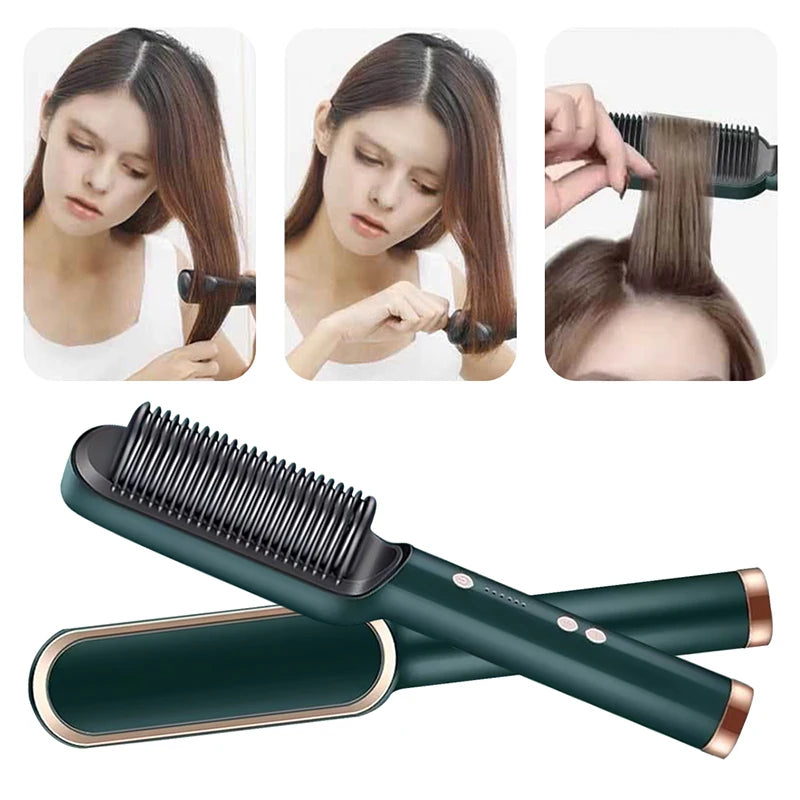 Femme se coiffant avec le Peigne Lisseur 2-en-1