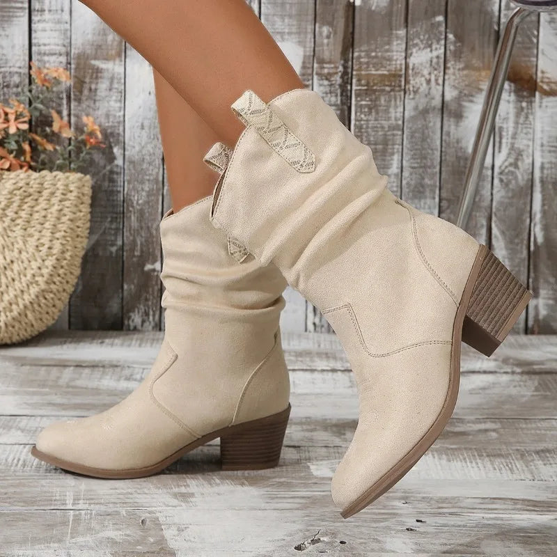 Bottines en daim pour femme blanc crème avec talon épais