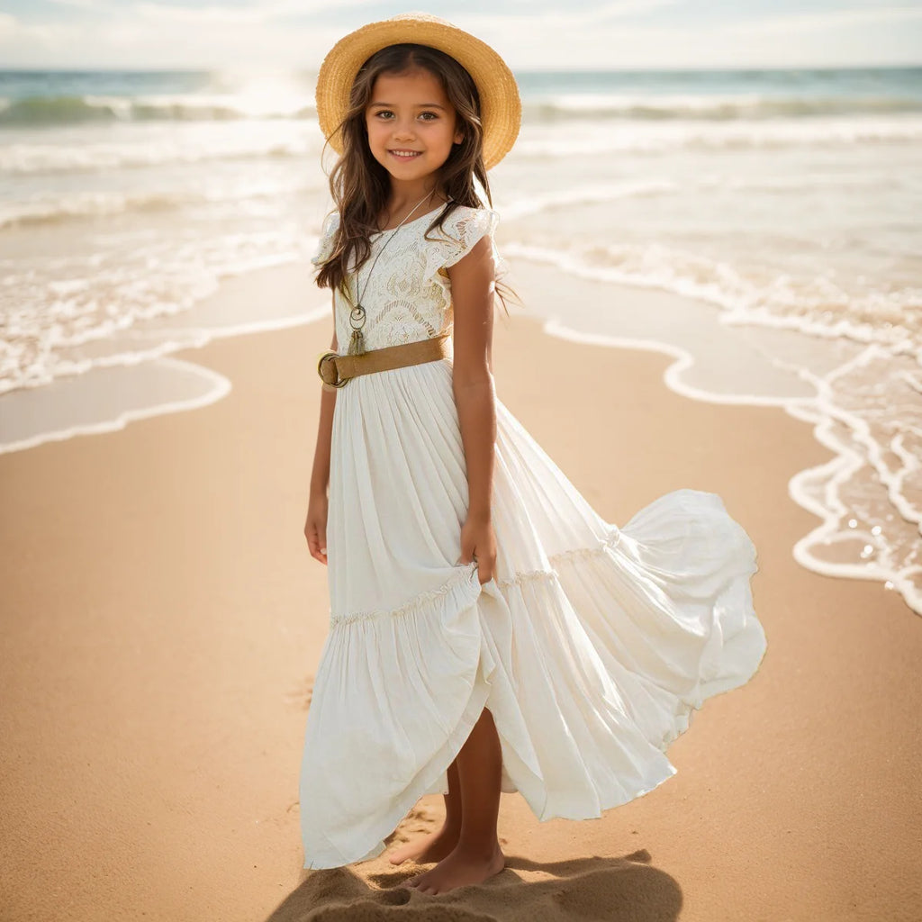 Robe longue en dentelle pour filles de 3 à 14 ans, style bohème,