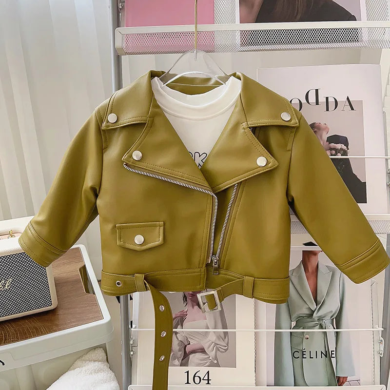 Veste en cuir pour filles kaki