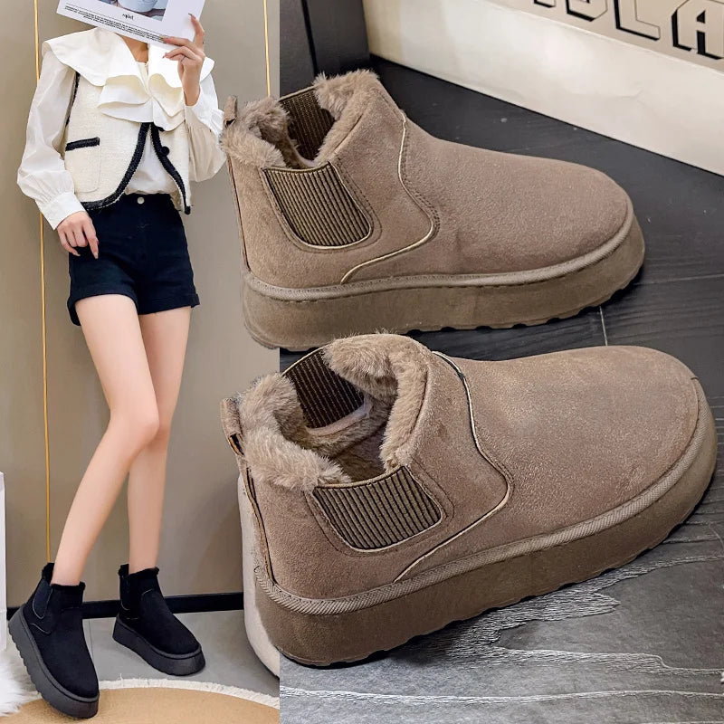 Bottes de neige marron en peluche chaud pour femmes 