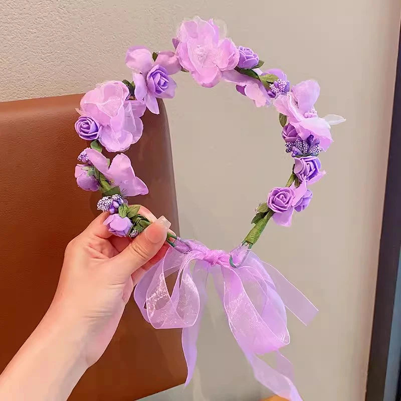  Couronne de perles et de fleurs violette