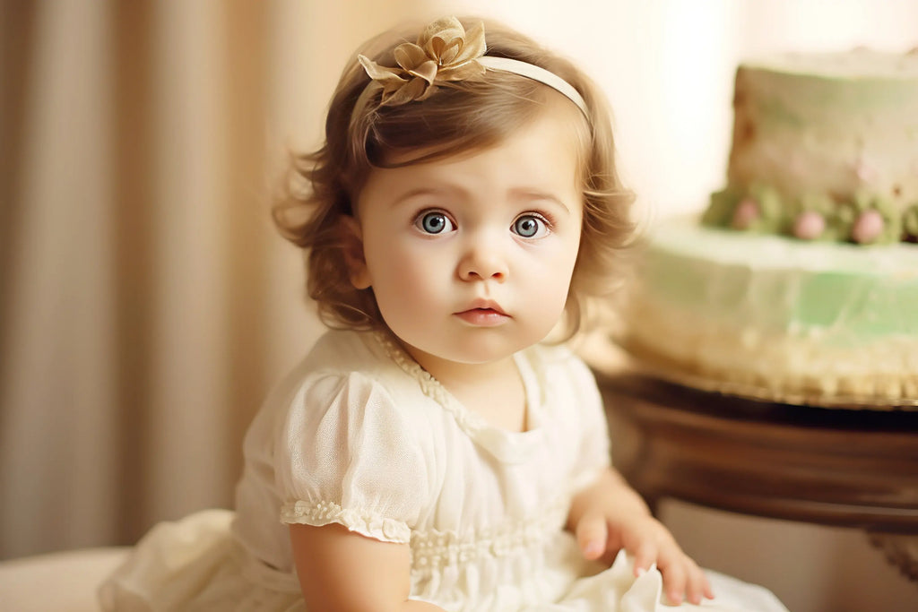 Une jolie petite fille avec une robe en dentelle fête son anniversaire à un an, un beau gâteau, en vert pastel.