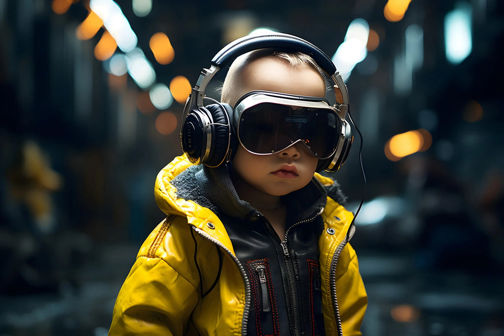 portrait d'un bébé cyberpunk portant des lunettes et une tenue futuriste