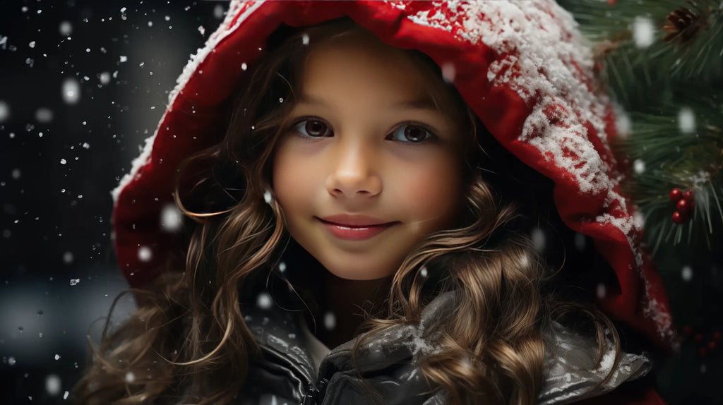 Portrait d'une jeune fille vêtue d'un manteau rouge à capuche dans la neige