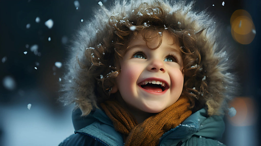 Enfant avec manteau et écharpe sur fond de neige tombante