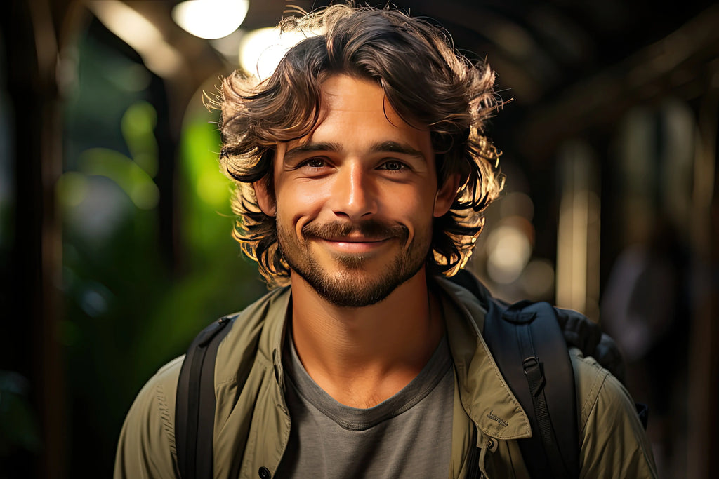 Beau jeune homme s'amusant en vacances d'été souriant et regardant l'appareil photo