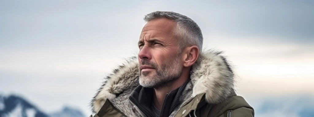 Photographie de style portrait pensif d'un homme mûr satisfait portant une chaude parka sur fond de chaîne de montagnes.