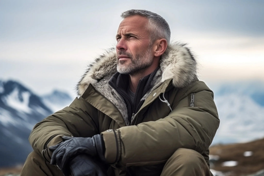 Photographie de style portrait pensif d'un homme mûr satisfait portant une chaude parka sur fond de chaîne de montagnes.