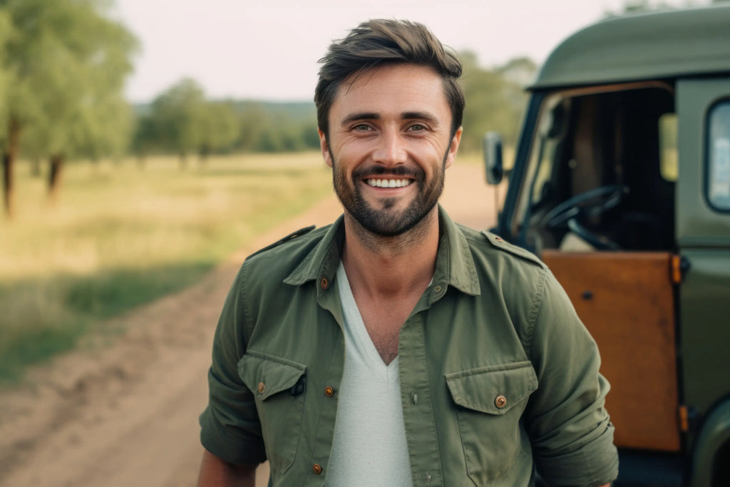 Portrait en plan moyen d'un homme souriant d'une trentaine d'années portant un cardigan chic sur fond de safari et de rencontres avec des animaux sauvages.