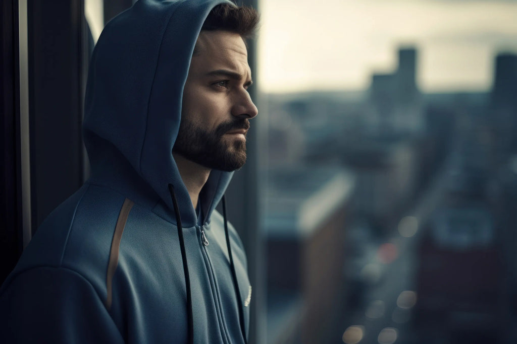 Portrait d'un beau jeune homme en tenue de sport regardant par la fenêtre