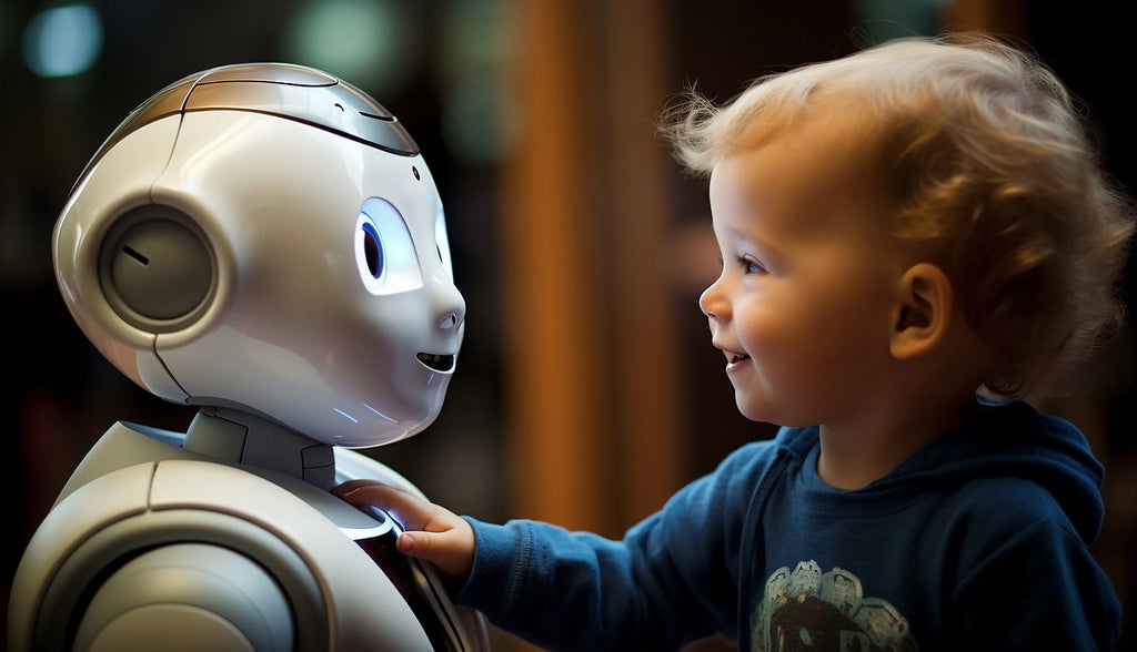 Un bébé souriant en sweat s'amuse avec un robot à la maison