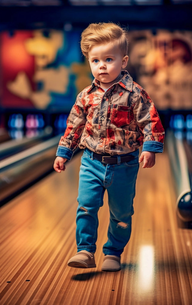 Petit garçon amusant jouant au bowling, il est joyeux et exultant