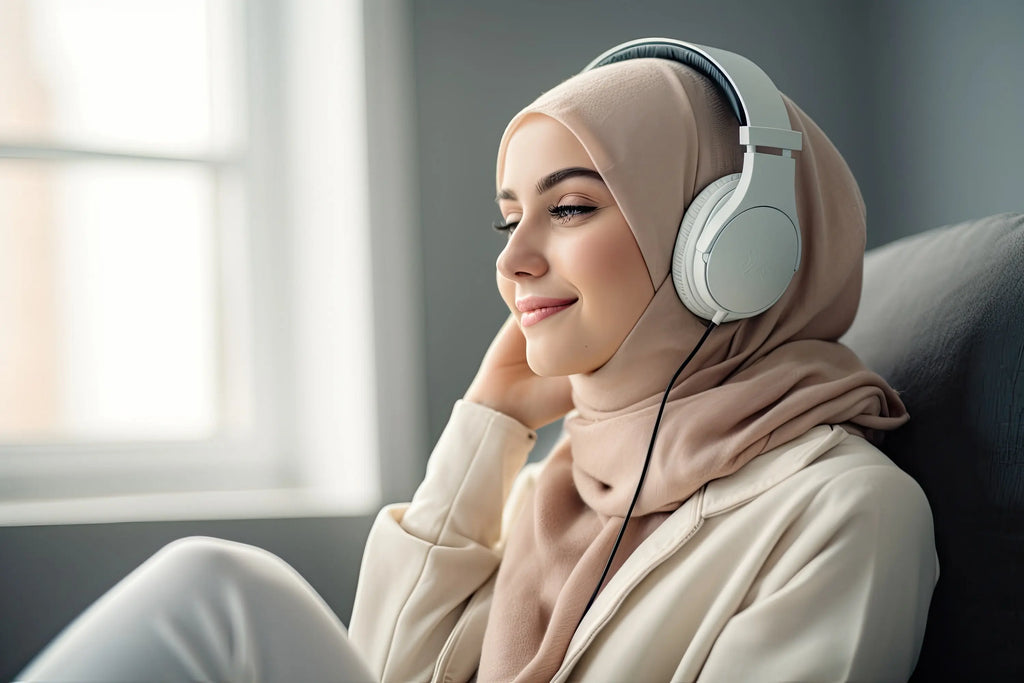 Jeune femme souriante, musulmane en abaya et portant un hijab, écoutant de la musique.