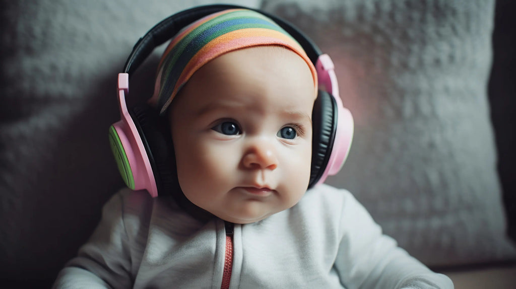 bébé enfant écoutant de la musique avec des écouteurs