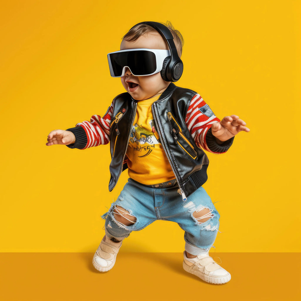 Bébé portant des lunettes VR et des écouteurs, dansant devant un fond jaune.