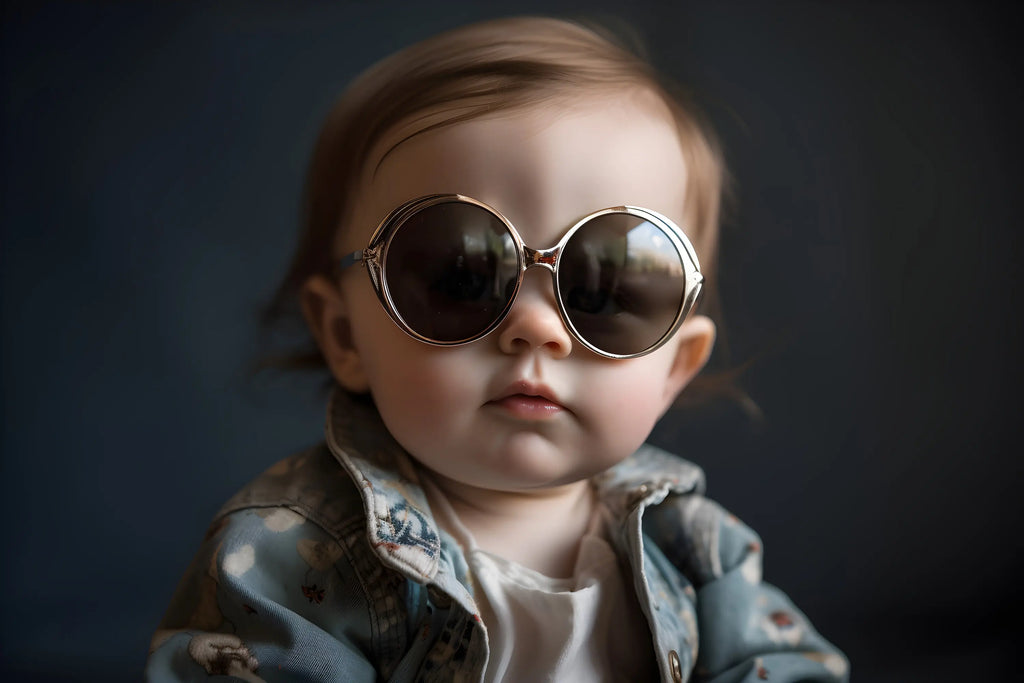 Portrait de bébé portant une veste en jean et des lunettes de soleil