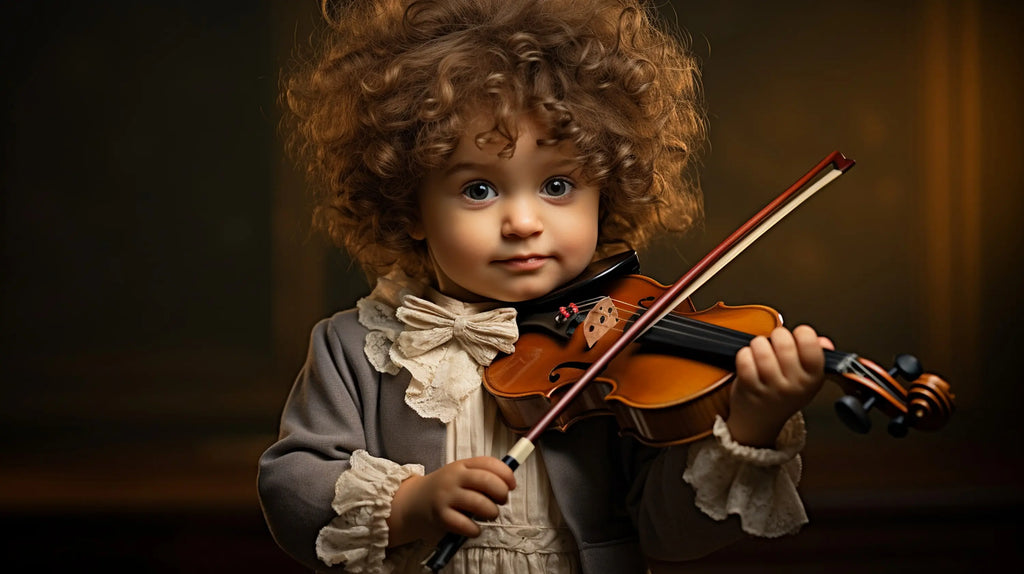 Un bébé aux cheveux bouclés dans une adorable tenue tient un mini-violon, ses petits doigts appuyant délicatement sur les cordes, créant ainsi une belle musique.