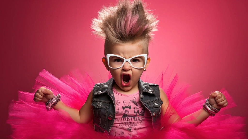 Exubérante et stylée, ce bébé à la mohawk rose et aux lunettes branchées est le symbole du chic des années 90. L'énergie et le culot sont palpables dans ce portrait plein de vie.