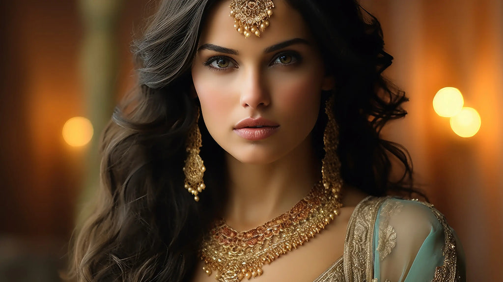 Portrait d'une femme orientale portant une tenue et des bijoux traditionnels