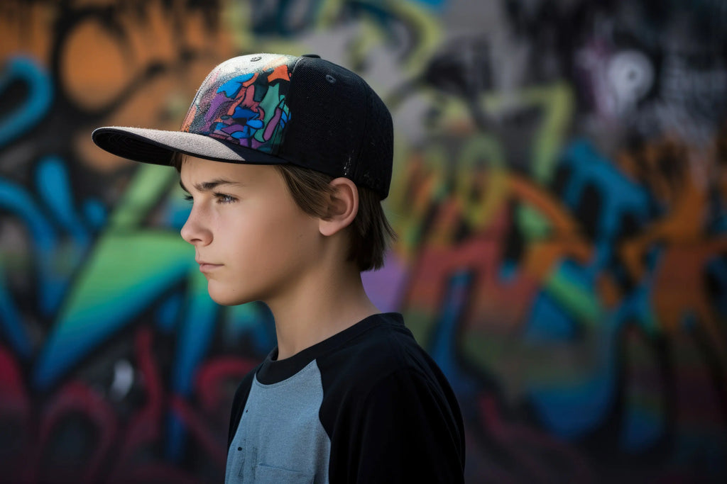 Jeune garçon avec une casquette de baseball et un skateboard devant un mur couvert de graffitis.