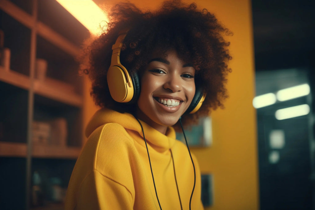 Jeune fille afro en tenue de ville sweat jaune avec des écouteurs noirs, faisant preuve d'assurance et de style dans un bureau urbain.