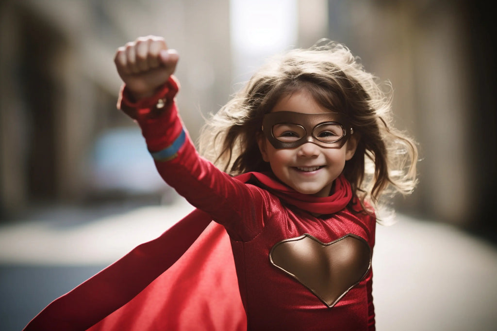 Une jeune fille heureuse en costume de super héros